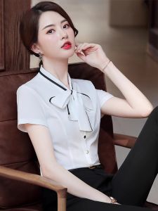 White Shirt Womens Top Formal Interview Outfit Professional Workwear Short Sleeve Bow Tie White Blouse Summer Commute Style