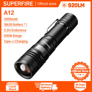 SUPERFIRE A12 tactical flashlight super bright rechargeable aluminium alloy waterproof strong light multiple modes portable led zoom torch for outdoor hiking household camping