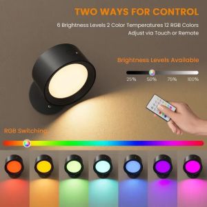 Rechargeable RGB LED Night Light 9 Colors 360° Rotation Wall Lamp Up Down Remote Control Wireless for Bedroom Reading Home