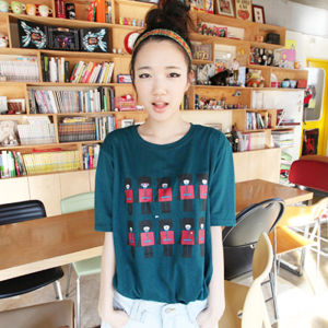 Pure Cotton round Neck Short Sleeve T-Shirt Womens Summer Casual Cartoon Print Street Style Loose Fit Mid-Length Top