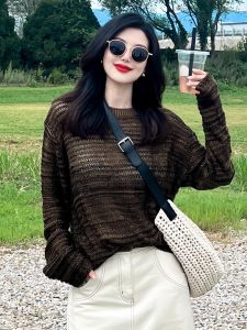 YUFUQING | Loose Long Sleeve Round Neck Knitted Hollow Out Coffee Color Womens Top Korean Style Early Autumn New Fashion Slimming Effect