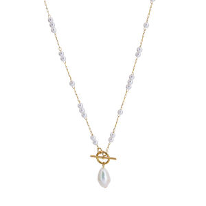 Natural Freshwater Pearl Baroque Pendant 18K Gold Long Chain Toggle Closure Necklace • Waterproof Non Tarnish Chain • 316L Stainless Titanium Steel Necklaces for Women  NL117