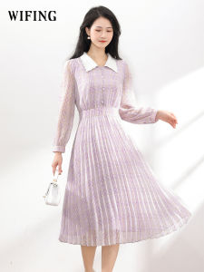 Elegant Purple Chiffon A-Line Dress Womens Autumn New Style French Style Drifting Pleated A-Line Skirt Long Sleeve Long Dress