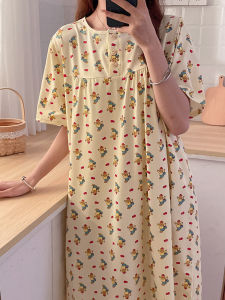 Summer Cartoon Bear Sleep Dress Womens Loose Thin Short Sleeve Long Dress Cute Student Internet Famous Sleepwear Can Be Worn outside