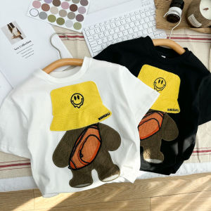 Boys Summer Short Sleeve T-Shirt Pure Cotton Cartoon Embroidery Half Sleeve Cute Korean Style Sweat Absorbent Casual Loose Fit