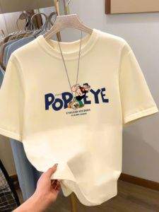 เสื้อยืดคอกลมแขนสั้นทรงสลิมฟิตผ้าฝ้ายแท้ลายการ์ตูนสำหรับผู้หญิง เสื้อแฟชั่นฤดูร้อน ทรงหลวม สไตล์เกาหลี