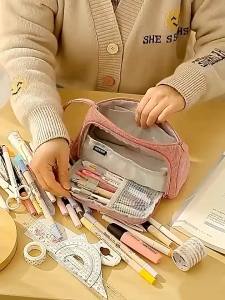Large-capacity Corduroy Pencil Case 3-Compartment Storage INS Pen Pouch Stationery Organizer for Boy Girl Gifts Back-to-School