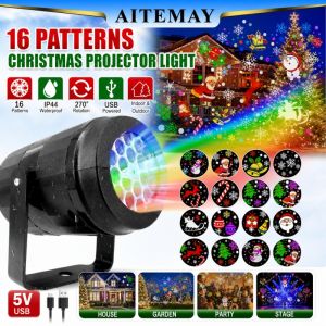 Aitemay 16 Patterns Christmas Projector Light 5V USB LED Snowflake Lamp Indoor Outdoor Xmas Party Decoration Waterproof Spotlight