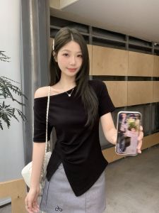 Asymmetrical Short Sleeve T-Shirt Womens Summer Design Pure Desire Short Shoulder One-Shoulder Top Beautiful Korean Style French Style