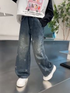 HAOSE กางเกงยีนส์ฤดูร้อนของผู้หญิง กางเกงทรงตรงสำหรับเด็กหลวม ผู้หญิงปักโบว์กว้างกางเกงขายาว