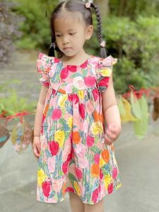 Girls Summer Floral Dress Thin Cotton Polyester Blend Cool Sweet Style Beach Vacation Holiday Childrens Clothing Skirt Dress
