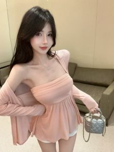GUZILIAN | Pure Desire Gentle Wind One Shoulder Tube Top Pleated Sweet Pink Vest Pad Long Sleeve Womens Two-Piece Set Open Cardigan