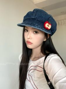 Original Design Apple Felt Cowboy Octagonal Hat Lightning Dog Style Japanese Artistic Retro Beret Short Brim round Top Cap