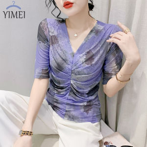 Yimei Áo thun kim cương nổi bật lưới xếp li Mới Mùa Hè 2023 áo in hình cổ chữ V màu tím cao cấp áo thun cho nữ ngắn tay mùa hè dáng ôm ôm vừa