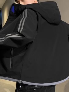 ROMON | Lormen Mens Hooded Jacket Spring Autumn Short Loose Casual Workwear Outdoor Sports Windproof Fleece Lined Zipper Closure