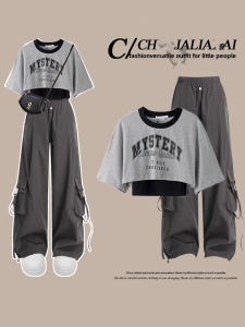 Summer Casual Sports Womens Workwear Set Unique Top Korean Drama Small Size Matching Long Pants Short Sleeve round Neck