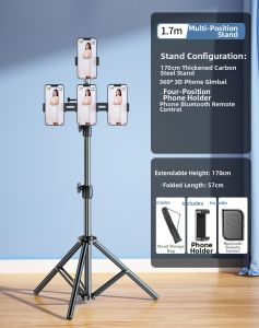 CRENOV | Live Streaming Tripod Extendable Selfie Stick Multi-purpose Desktop & Floor Mount Phone Stand