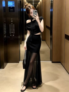 LIRUSHAN | French Black One-Shoulder Fitted Dress Slimming Mesh Summer Dress