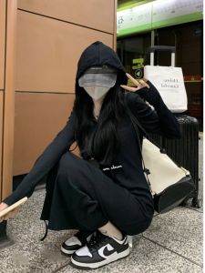 Chic Black Knitted Hooded Dress Womens Slim Fit High Waist Midi Skirt Autumn Design Trendy Female Clothing Comfortable Cotton