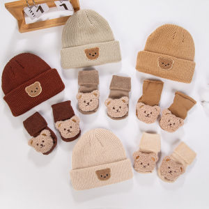 2Pcs Solid Knitted Beanies&Bear Plush Cartoon Thicken Short Socks Set Fall Winter Turban Hats Infant Boys Girls 0-12M Stockings