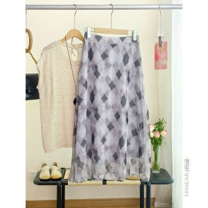 XIAOER | Chân Váy Dài Vintage In Hình Kim Cương Chiffon Nhẹ