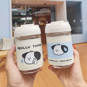 Portable Cute Student Straw Glass Water Bottle with Thermal Insulation Cover Dual Drinking Ports
