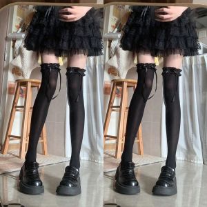 Lolita Lace Black Summer Thin Silk Stockings over Knee Butterfly Knot Long Tube Socks Wooden Edge Summer Fashion Womens Socks