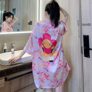 ELF TRIBE Áo Ngủ Của Phụ Nữ mỏng Mùa Hè Ngắn Vải Viscose Tay Đồ Ngủ Gợi Cảm Đồ Ngủ Lụa cỡ lỡn đồ mặc ngoài Hộ Gia Đình Mặc