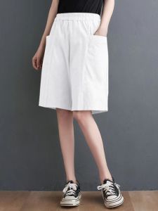 สูง เอว ขากว้าง ผ้าฝ้าย กางเกงขาสั้น ผู้หญิง ลำลอง Loose Fit ฤดูร้อน กางเกง มีสไตล์ พรางหุ่น ชุดทํางานห้าจุด กางเกงขายาว