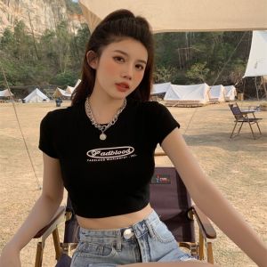 Áo Thun Nữ Tay Ngắn Cổ Tròn Ôm Vừa Vặn Màu Trắng Mùa Hè Mới Thời Trang Nữ Gợi Cảm Áo Lót in Chữ Cotton Polyester