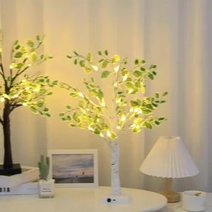Artificial Green Leaf Birch Tree Lights 24 LED 2FT Battery Powered Tabletop Tree Lamp for  Bedroom Wedding Party Home Decoration