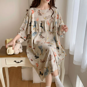 Extra Large Size Summer Thin Cotton Silk Sleep Dress Womens Floral Print Home Clothes Short Sleeve Mid-Length round Neck