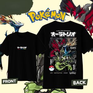 Bandai | Anime Pokémon Aura Trio Printed Cotton T-shirt Summer Mens and Womens Harajuku Clothing Fashion Casual T-shirt Fan Gifts