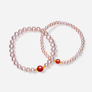 ZHOU LIU FU 周六福 750/18K Gold Bracelets Tiny Natural Pink Purple Freshwater Pearl Bracelet Red Agate Charm Dainty Pearl Jewelry for Women Her Birthday Anniversary 17cm X1914134/X1914135