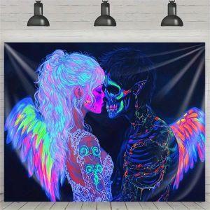 VIKAMA Neon Angel & Skeleton Couple Tapestry Fluorescent Dark Romance Design Wall Hanging for Bedroom Decor