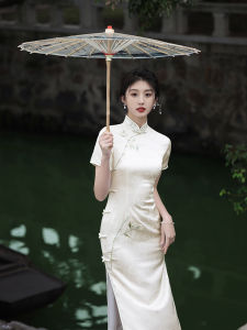 Young Womens Revised Cheongsam Summer Dress Elegant White High-Quality Chinese Style Daily Wear Short Sleeve High Slit