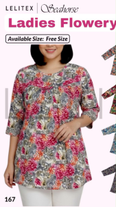[Lelitex] Ladies Flowery Elastic Poly 3/4 Sleeve Tee Ultra Soft Loose Cutting Oversize Free Size