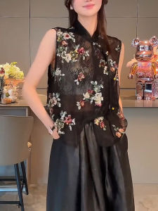 เสื้อกั๊กผ้าตาข่ายไม่มีแขนปักลูกไม้สไตล์จีนใหม่สำหรับผู้หญิง ฤดูใบไม้ผลิ 2025 เสื้อผ้าทำงานสไตล์ใหม่ระดับไฮเอนด์