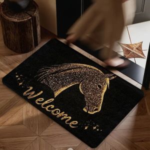 VIKAMA Gold Glitter Horse Head Welcome Star Black Luxury Flannel Door Mat Chống Trơn Trượt Phong Cách Hiện Đại Cho Lối Vào Phòng Ngủ Phòng Khách Trang Trí Nhà Cửa