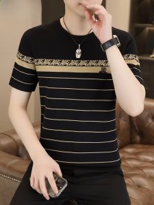 HENGYUANXIANG | Hengyuanxiang Mens Short Sleeve Sweater Striped Inner Wear Half Sleeve Knitted Shirt Fashionable City Style Spring Autumn Slim Fit New Years Edition