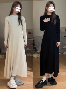 ชุดเดรสถักคอสูงครึ่งตัวสำหรับผู้หญิงไซส์ใหญ่ เสื้อชั้นในสั้นทรงเข้ารูป กระโปรงยาวฤดูใบไม้ร่วง/ฤดูหนาว เสื้อผ้าทำงาน