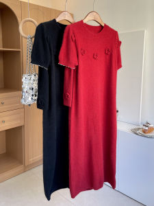 Spring New Year Long Knitted Bear Velvet Dress Black Dress with Sleeve Covers Ins Style Loose Waist Regular Sleeve Short Sleeve