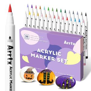 Arrtx 12/24/30/36/48 Colors Acrylic Paint Markers Brush Tip Pen set for Rock Stone Ceramic Porcelain Mug Wood Fabric Canvas