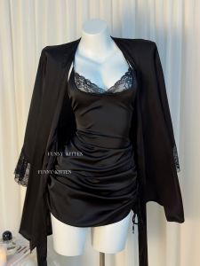 เซ็กซี่ น้ําแข็ง ผ้าไหม ซับเอวเปลือย กิโมโน เสื้อคลุม ผู้หญิง ชุดราตรี กระโปรงสั้น ความยาว คอวี สไตล์บริการบ้าน ฤดูร้อน ชุดนอน