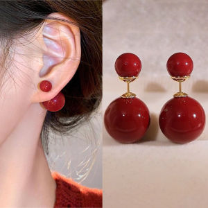 Corinna Exquisite Unique Fashionable Temperament Double-Sided Large Small Pearl Earrings Red New Year Earrings