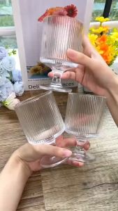 พร้อมส่ง แก้วเครื่องดื่มเย็นทรงเตี้ย ลายเส้นตรงสุดน่ารัก สไตล์เกาหลีมินิมอล210ml