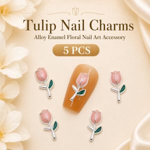 5Pcs 3D Flower Nail Charms – Tulip & Rose Design Alloy Enamel Nail Art Decorations DIY Accessories