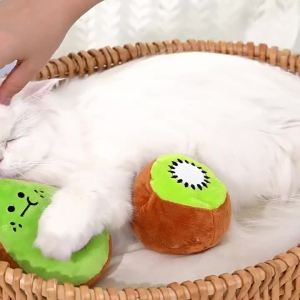 Pet Plush Chewing Toy Cat Teething Squeaky Sound Interactive Toy Creative Pet Squeaky Avocado Kiwi Shaped