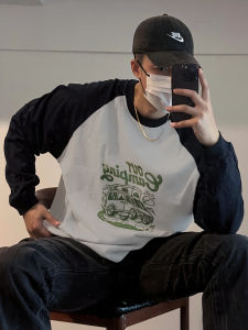 American Style Long Sleeve T-Shirt for Men Pure Cotton Loose Base Shirt Spring Autumn Color Block Print Breathable Casual Top