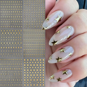 6Pcs 3D Metallic Gold Star Letter Nail Stickers Mixed Starlight Alphabet Self-Adhesive Nails Decals for Women Y2K Manicure Decor